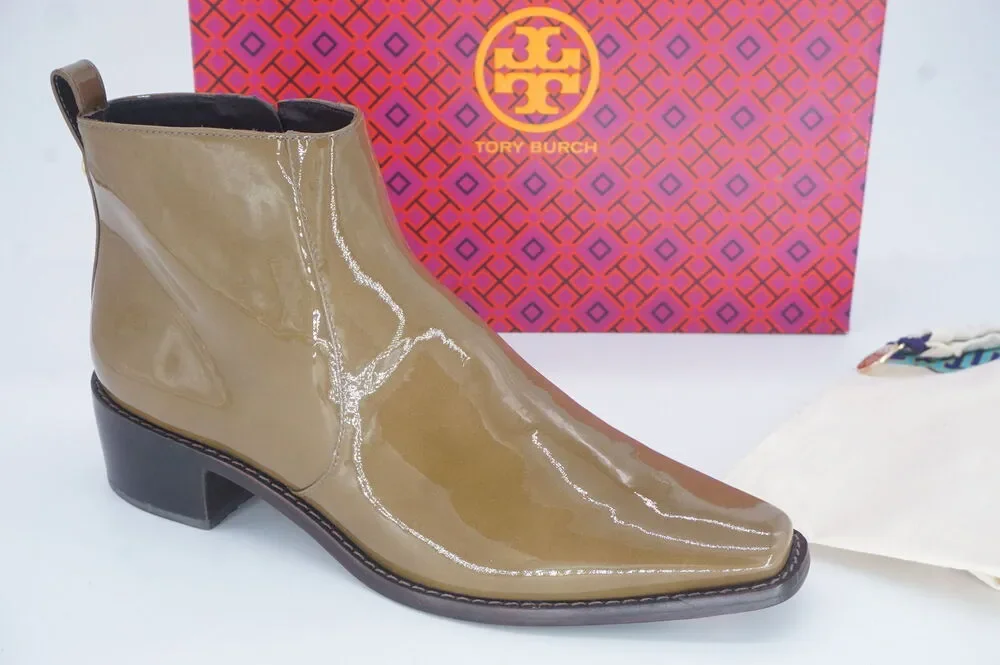 Tory Burch Brown Patent Zip Ankle Booties SZ 8 Lug Logo $428
